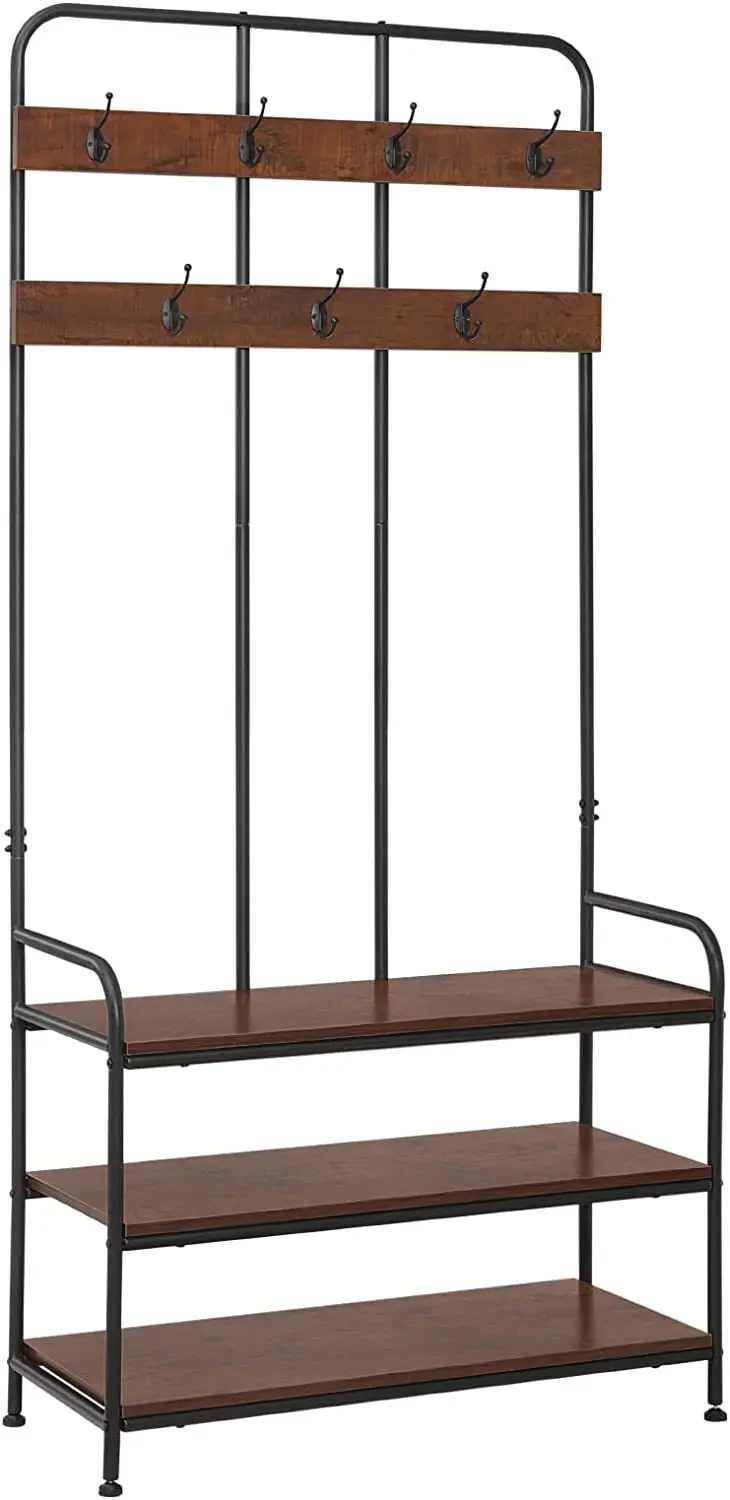 Estilo Industrial 3 Tiers Metal Aço Brasão Stand, Marrom Madeira Hall Árvore com Banco Sapato Racks