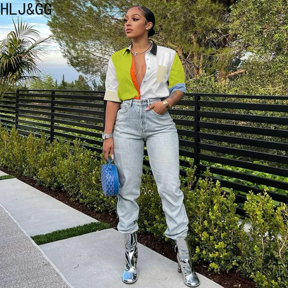 HLJ&GG Summer New Color Splicing Slim Shirts Women Turndown Collar Button Short Sleeve Tops Casual Female Office Clothing 2024