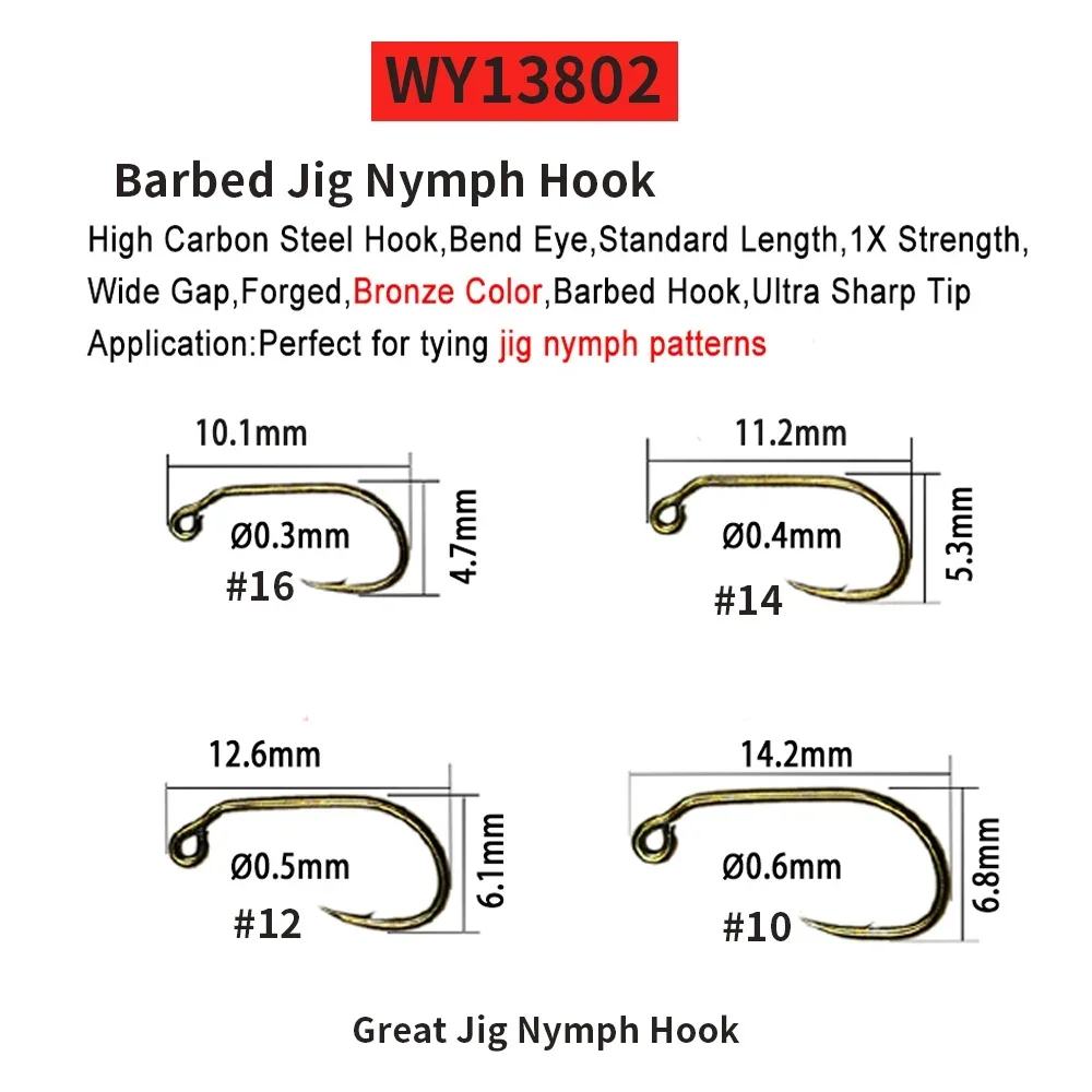 ICERIO 100 Barbed Fly Tying Hooks Barbless  60 Degree Jig Nymph Hook Streamer Wet Dry Flies Hooks Trout Fly Fishing Hook Tackle 5
