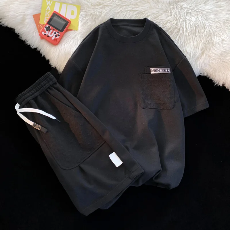 

2023 Simple Waffle Suit Women Summer Thin Loose Urban Design Niche T-shirt + Shorts Casual Sportswear Patch Design 2pcs Set