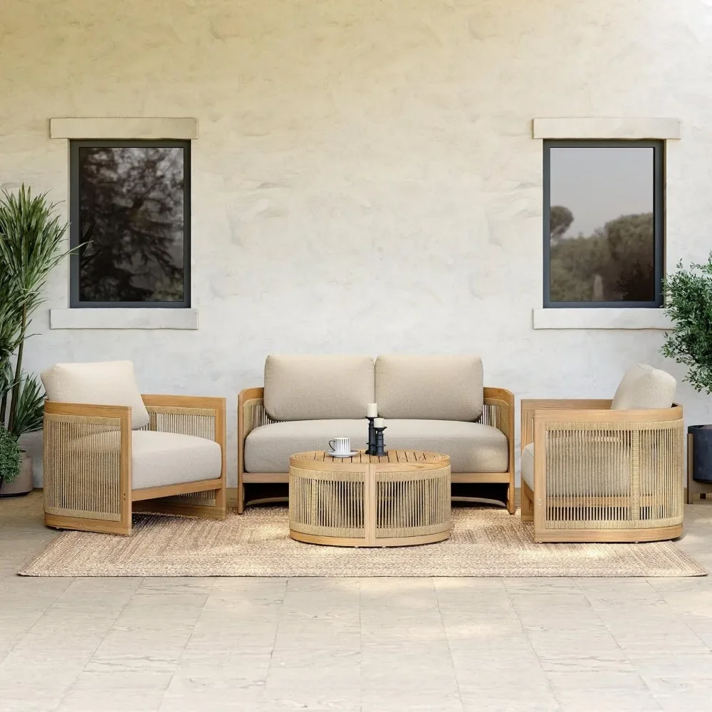 4-Piece Teak & Woven Rope Outdoor Sofa Set, All-Weather-Resistant Beige Patio Furniture with Cushions for Garden, Deck, Backyard 6