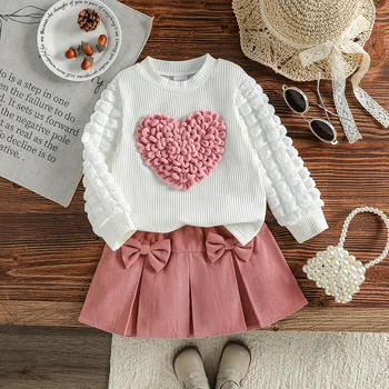 2PCS Children Spring Autumn New Style For Kids Girls 1-6Y Sweet Bubble Sleeve With Heart Top + Short Skirt With Bow Clothes Set 1