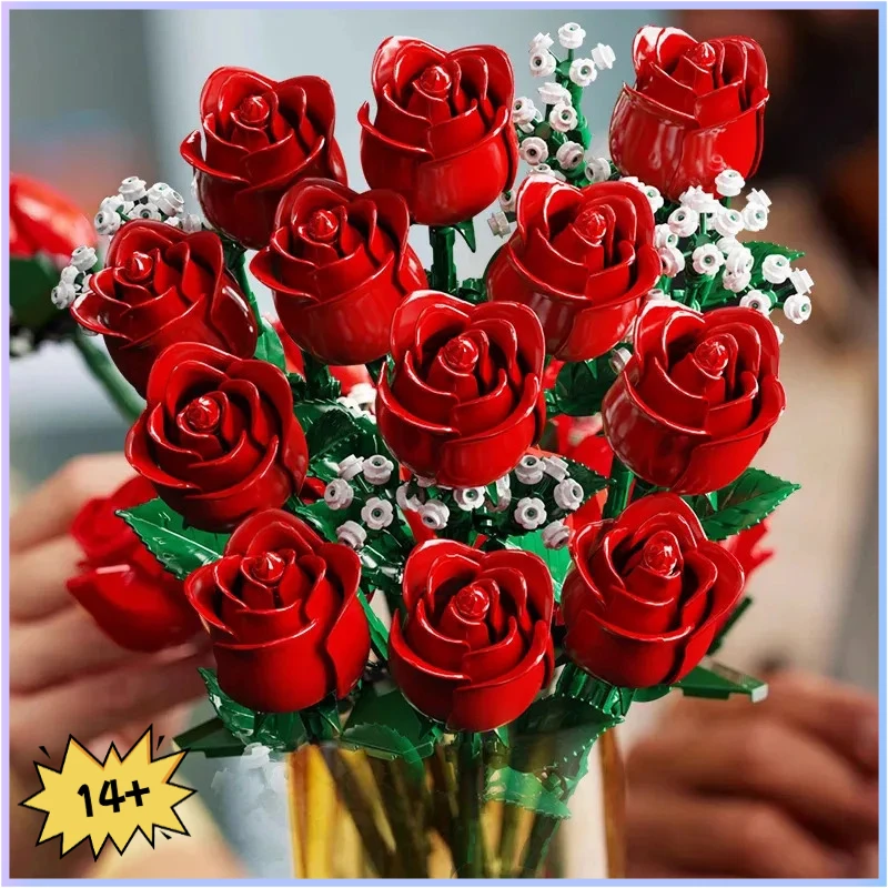 Blocs de construction, cadeau de saint-valentin pour femmes/hommes, pour la décoration de la maison, cadeaux pour anniversaire, Bouquet de roses romantique, 968 pièces