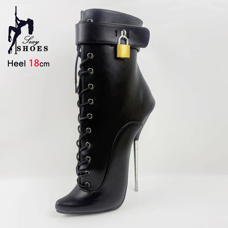 Extreme high heel 7'' Women Sexy Ballet Boots Ankle Lockable Matte PU leather Party Shoes Female Metal heel Pointed Short Boots
