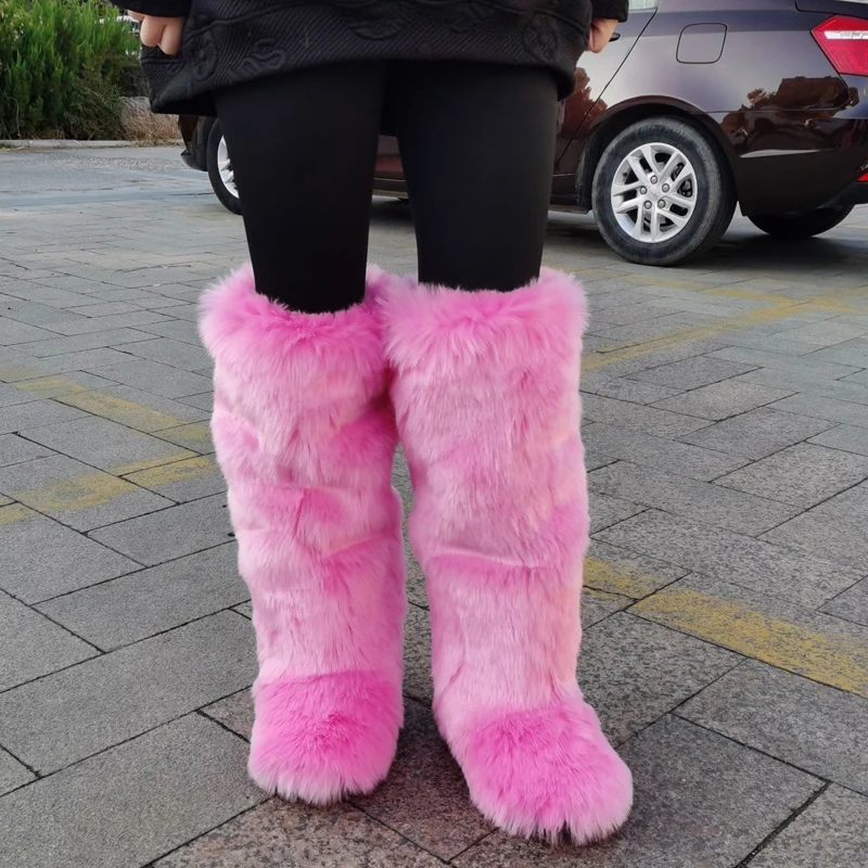 Winter Plush Knee High Boots Women Plush Imitation Fox Fur Long