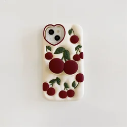 Whimsical 3D Cherry Kickstand Case with Love Heart Camera Ring - Soft Silicone Cover - iPhone 12 Pro Max