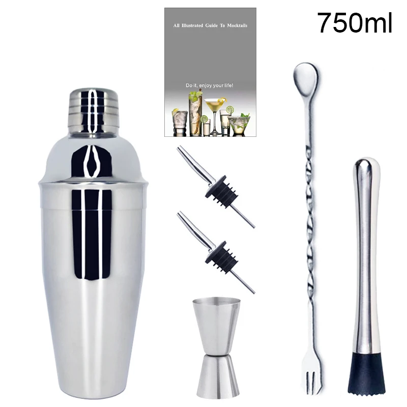 Cocktail Shaker 6-Piece Set Bartender Kit with Recipes Booklet Muddler Jigger 2 Pourers
