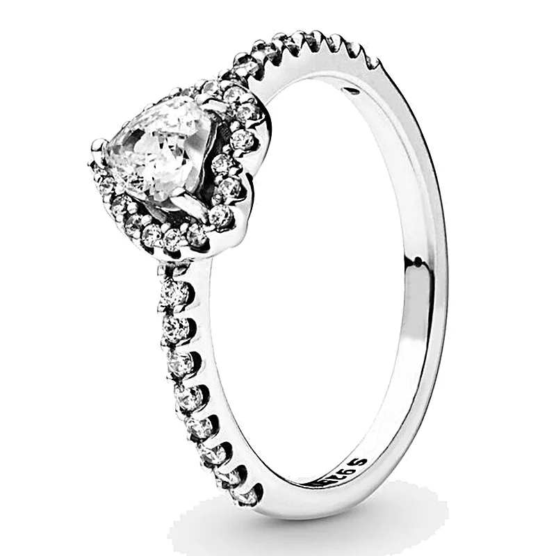 New 925 Sterling Silver Ring Pave Double Band Elevated Heart With Crystal Ring For Women Birthday Gift Europe DIY Jewelry