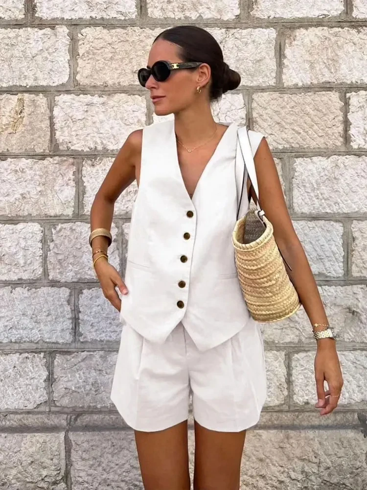 HH TRAF Summer Women Shorts Sets Vintage Solid Single Breasted V Neck Waistcoat Tops Slim Zipper Fly Shorts Office Lady Suits