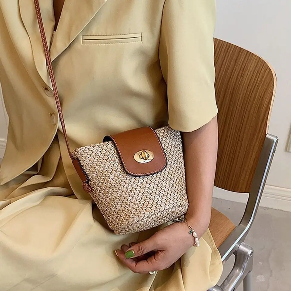 ZAYRAY Borsa A Secchiello In Paglia Per Donna - Tracolla, Tasca Per Telefono, 22x21 Cm, Stile Semplice Per Viaggi E Tempo Libero