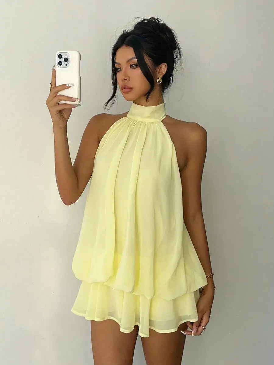 Elegante Abito Mini Estivo da Donna in Chiffon Giallo Burro con Collo Halter e Laccetti - immagine 4