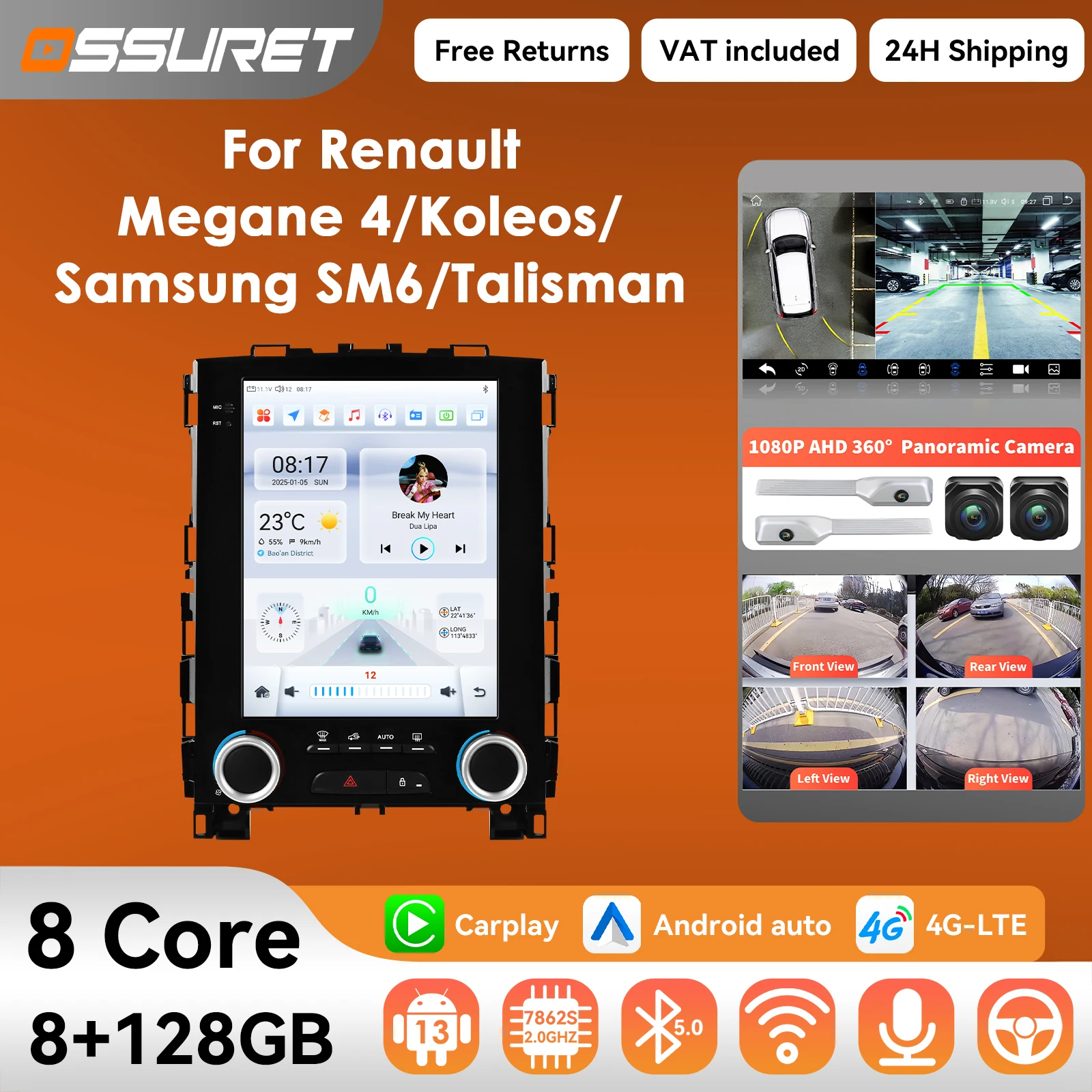 9,7 "Carplay Android auto radio für Renault Koleos Megane 4 Samsung SM6 Talisman 2017 2018 2019 Multimedia player 2DIN 360 Kamera