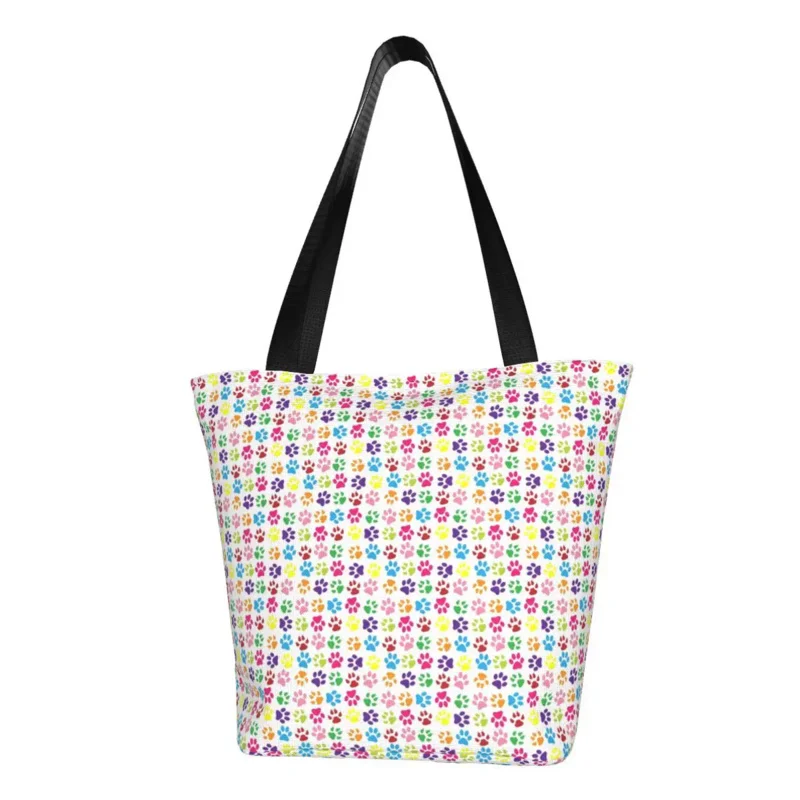 

Recycling Rainbow Paw Print Pattern Cute Shopping Bag Women Canvas Shoulder Tote Bag Portable Pretty Pet Groceries Shopper Bags