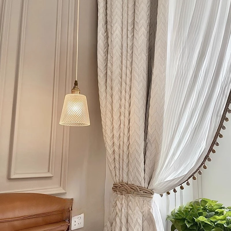 

French cream style beige embossed high-precision curtains light luxury high-end blackout curtains