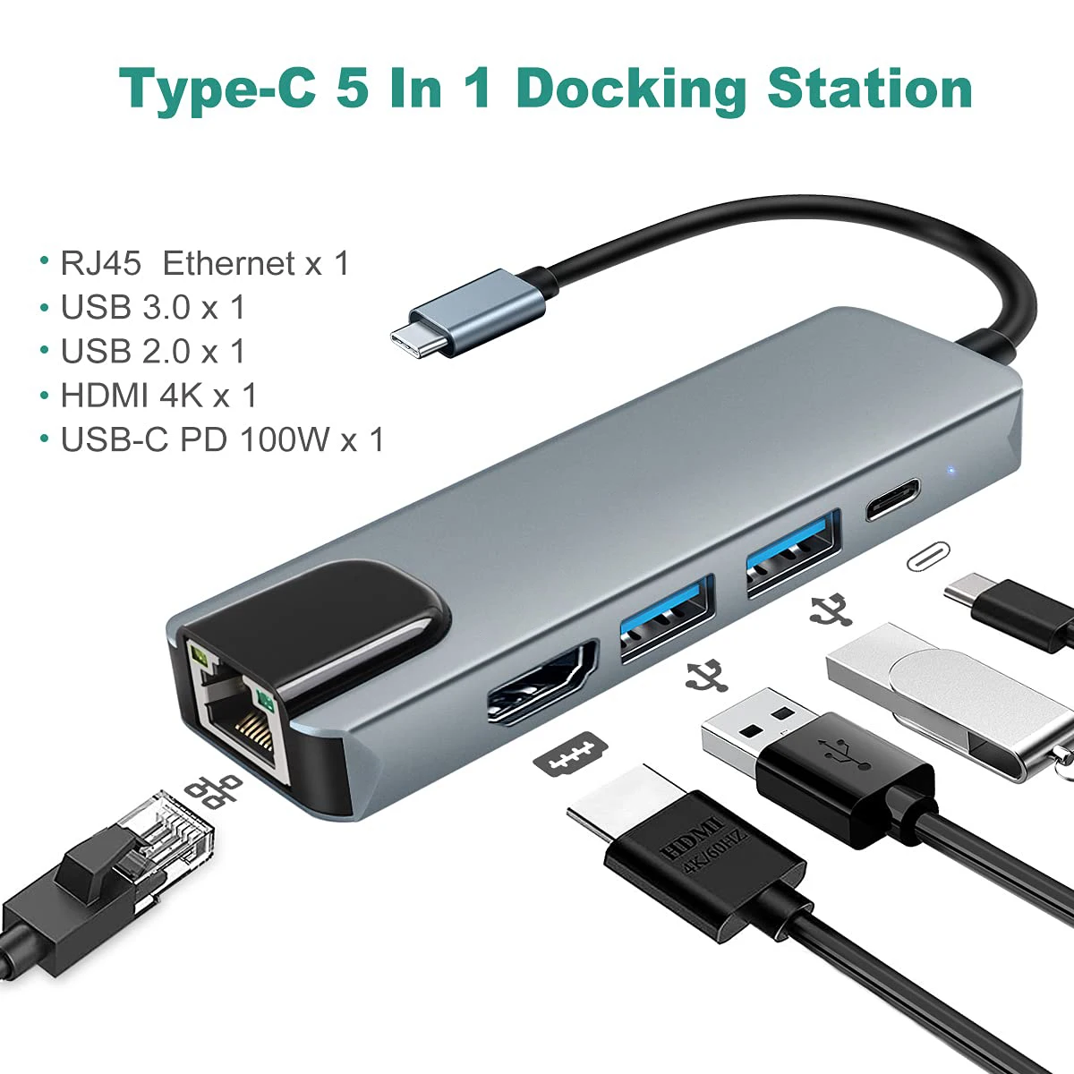 

5 in 1 USB C Hub 4K HDMI-Compatible with Ethernet 100W Power PD Charging Port USB 3.0 Ports for MacBook Pro Chromebook XPS