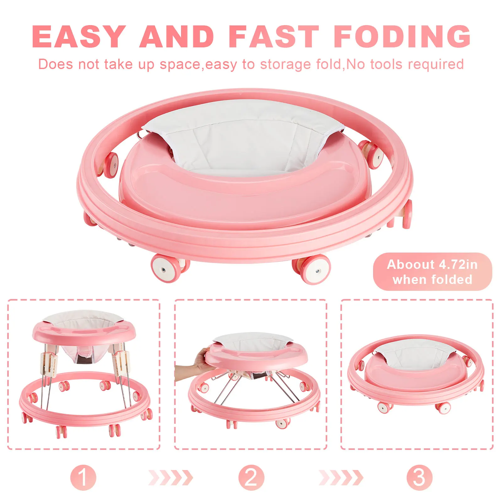 Baby Walker, Foldable Multi-Function Anti-Rollover Walker with Brake Design, 5 Level Height Adjustable, Baby Walkers