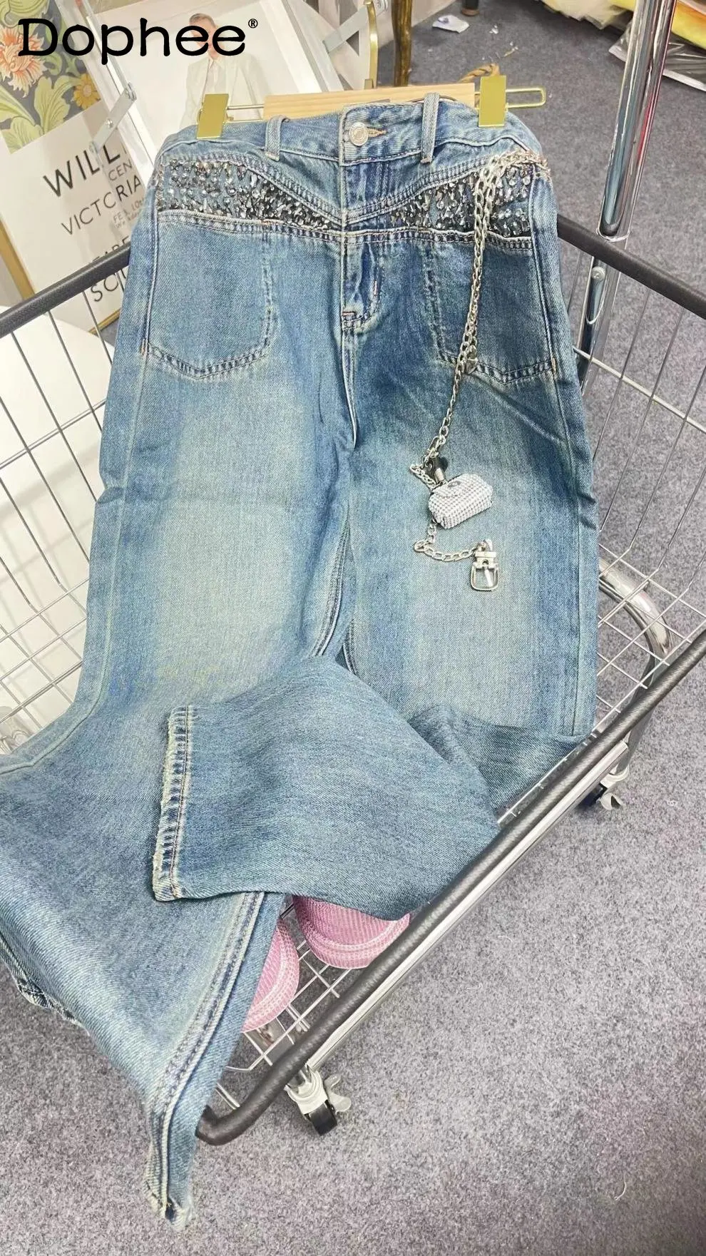 

Exquisite Rhinestone High Waist Jeans Women Spring Summer Slimming High Quality Loose Straight Denim Pants Oversized Trousers
