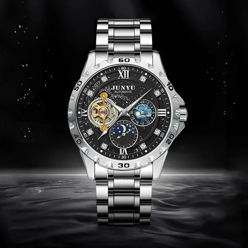 

JUNYU Starry Sky Three Eyes Men's Watch Fully Automatic Mechanical Waterproof Men's Watch Luxury Business Steel Band Men's Watch