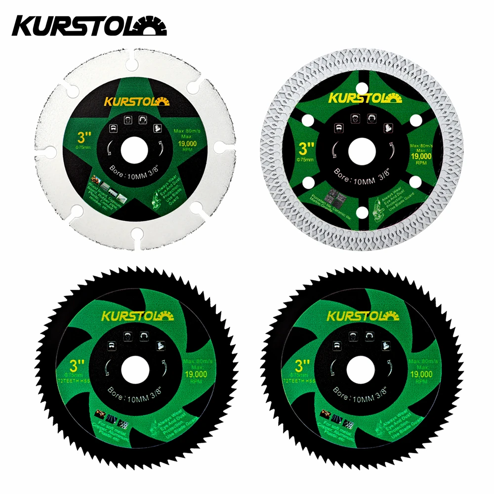 

KURSTOL 4pcs 75mm/3'' Wood Tile Metal Cutting Disc Plastic Rubber Aluminum Cutting Ceramic Granite Mini Grinder Multi Saw Blades