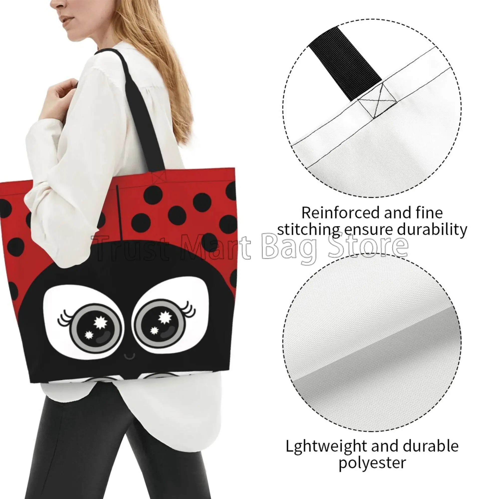 Cute Cartoon Ladybug Tote Bag for Women Beach Bag Portable 