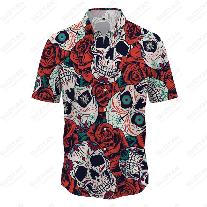 

2023 Hot Selling Hawaiian Shirts Men's Skull Head Fragmented Flower 3D Printing Short Sleeve Shirts Loose Oversized Breathable