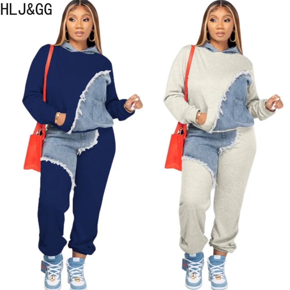 HLJ&GG Casual Color Patchwork Jogger Pants Two Piece Sets Women Hooded Long Sleeve Sweatshirt And Pants Outfits Female Tracksuit