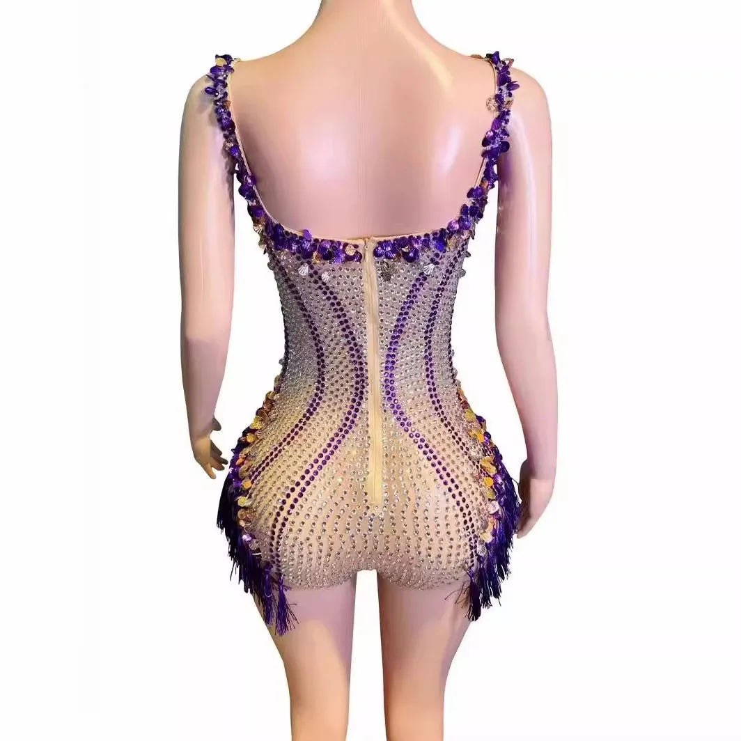 Purple Glitter Luxury Dresses Jewel Stretch Bodysuit Stage Singer Dancer Performance Costume Sexy Rave Outfit Women Fashion Clot