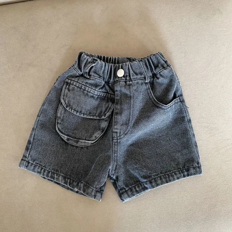 Kid's Summer Denim Shorts Girls' Solid Color Pocket Shorts Simple Style Boys' Loose Casual Knee-length Pants Children's Outwear