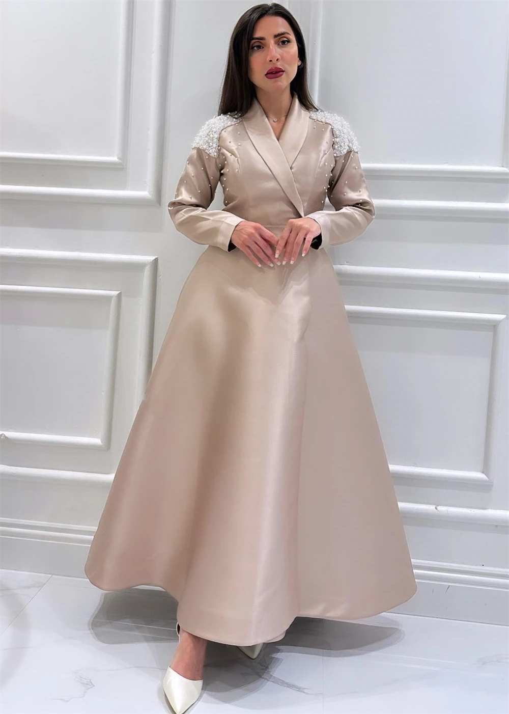 Prom Dress Prom Dress Saudi Arabia Modern Style Exquisite V-Neck Ankle-Length Ball Gown Beading Satin Bespoke Occasion Dresses floor length deep v neck sleeveless beading lace up ball gown prom dress with tulle islamic dubai kaftan saudi arabic evening