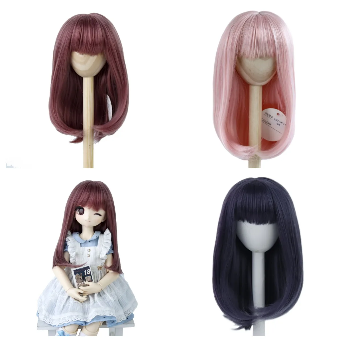 Factory Free Shipping 8-9inch 1/3 BJD Hair Pink Long Remy Smooth Synthetic WigsWith Bangs Tress Doll Accessories