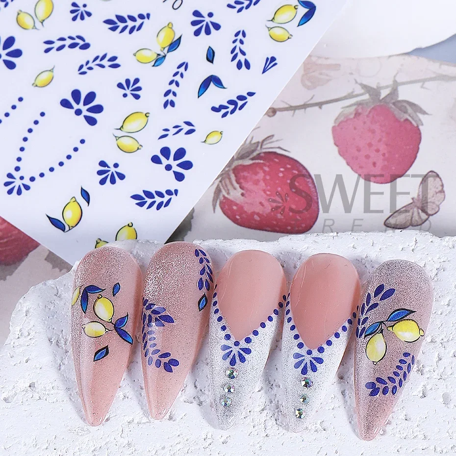 2pcs Bohemian Style Nail Art Stickers 3D Cute Orange Lemon Leaves Petals Nail Decals DIY Adhesive Sliders Summer Manicure Decor