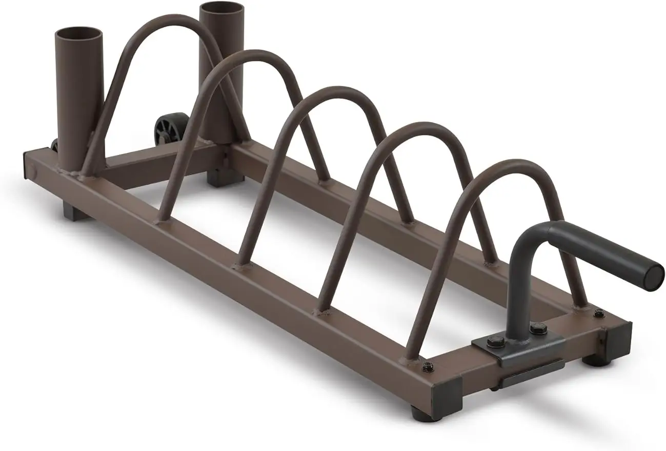 

Horizontal Plate and Olympic Bar Rack Organizer with Steel Frame and Transport Wheels STB-0130, brown 41”L x 11”W x 9.5”H