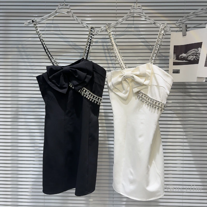 

2024 Summer New Classic Style Socialite Bow Drop-Shaped Diamond Chain Spaghetti-Strap Strap Dress for Women Sexy Vestidos
