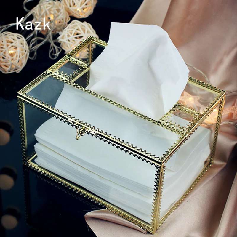 

Light Luxury Gold Frame Glass Tissue Box High End Hotel Dining Table Napkins Organizer Living Room Decoration Paper Storage Box