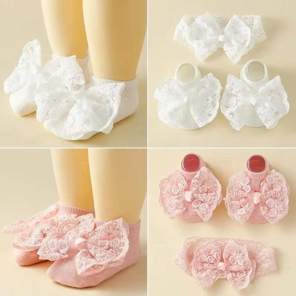 2Set Lace Bow Baby Headband Socks Set Soft Cute Baby Floor Sock Breathable Korean Style Elastic Hair Band Newborn Baby