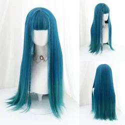 30Inch Blue Gradient Green Color Synthetic Wigs With Bang Long Natural Straight Hair Wig For Women Cosplay Heat Resistant Lolita