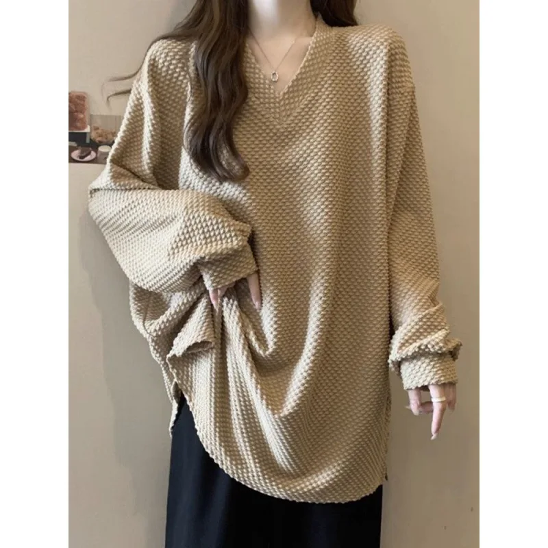 

Shpmishal Korean Fashion Long Sleeved T-shirt 2024 Women's Autumn/Winter New Loose and Slim V-neck Bottom Top Female Clothing