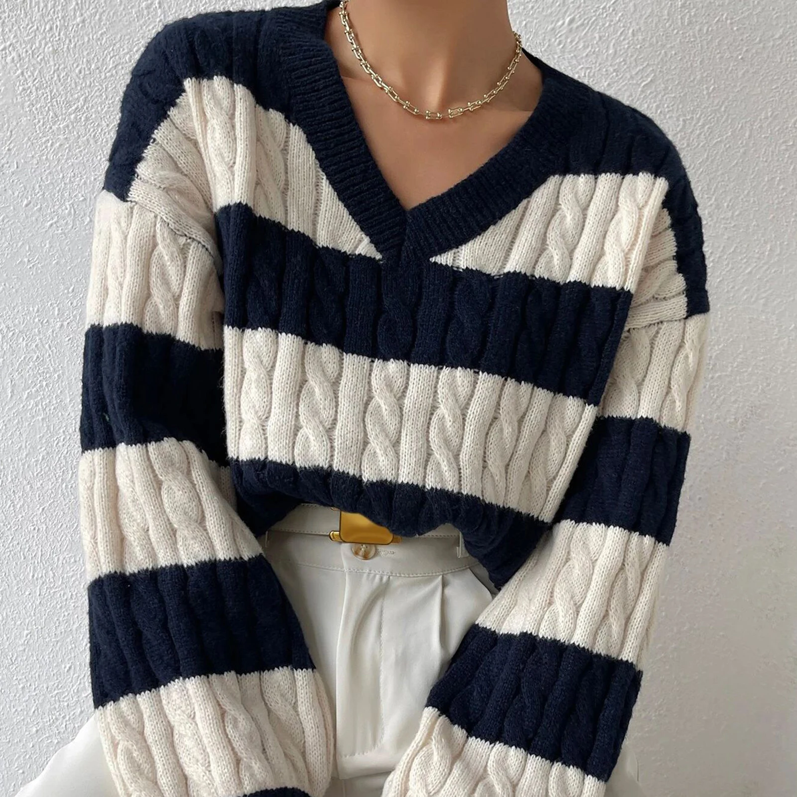 Women-Knitted-Jumper-Long-Sleeve-Striped-Drop-Shoulder-Sweater-Fashion ...