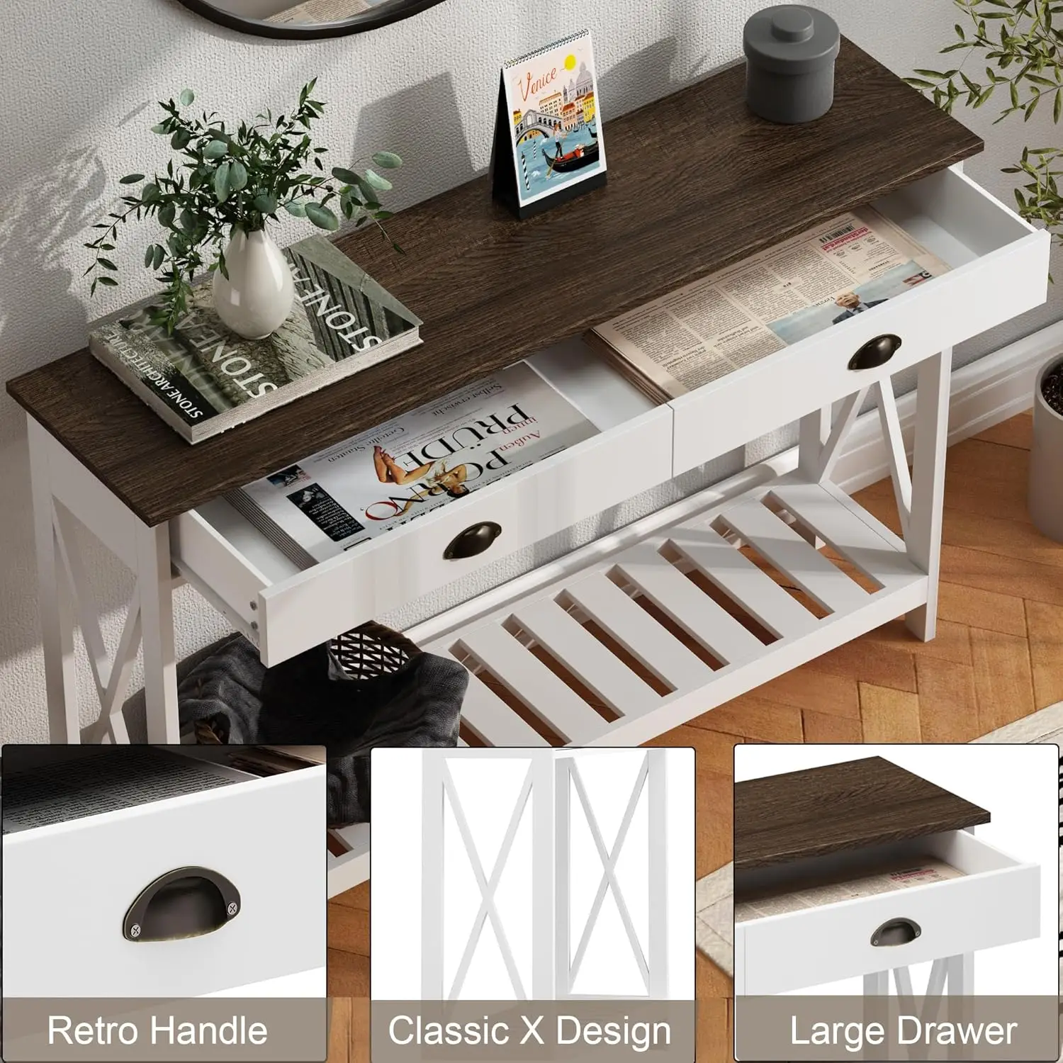 Farmhouse Console Table with Drawer for Entryway Narrow Long Entry Table with Shelf for Living Room, Rustic Vintage Hallway Sofa