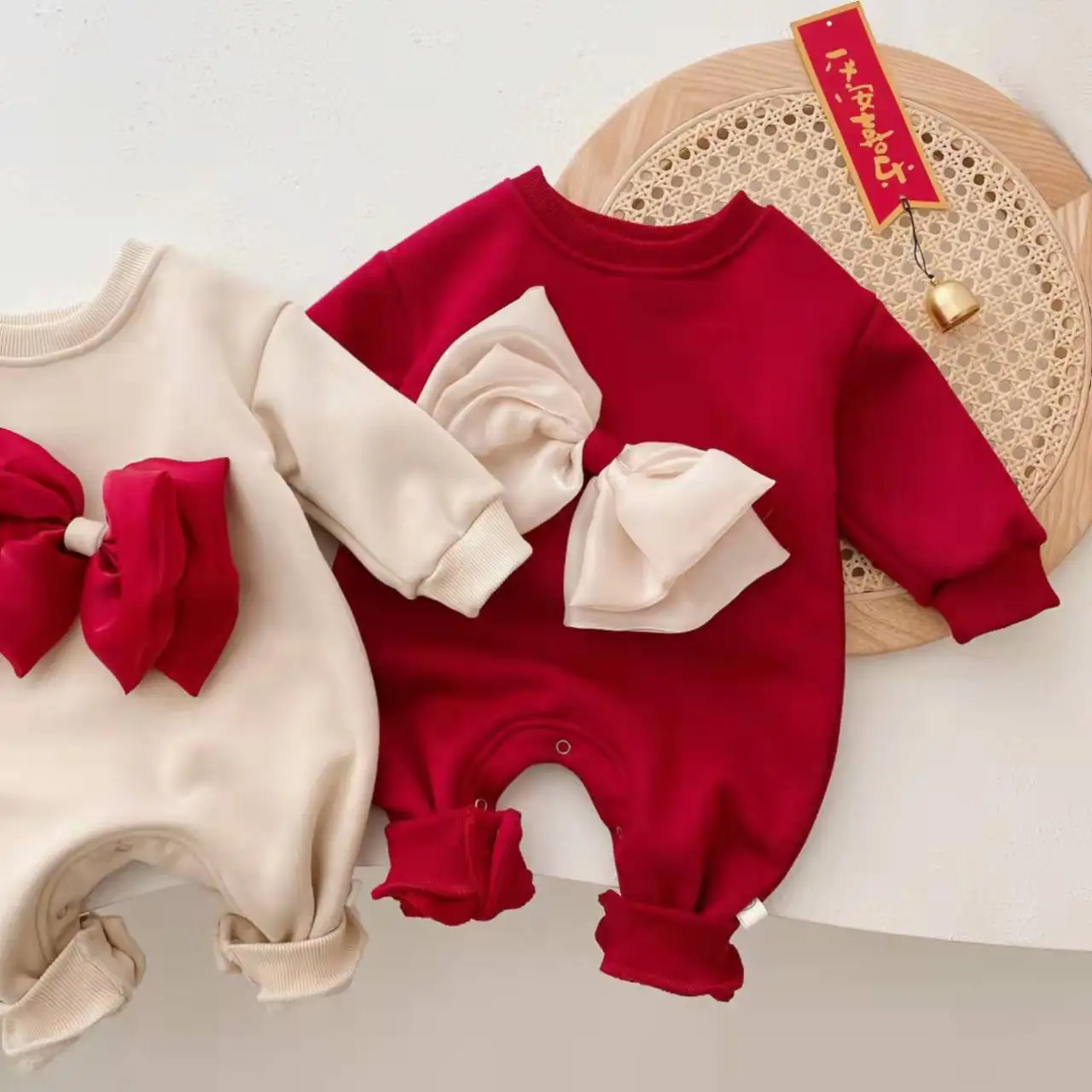 

Korean Style Baby Romper Fleece Long Sleeve Sweater Pullover Bodysuit Winter Autumn New Year Wear Clothes With Big Bowknot Child
