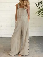 UOOZEE Women's Summer Linen Blend Wide Leg Sleeveless Jumpsuits High Waisted Loose Fit Buttoned Pockets Solid Color Romper