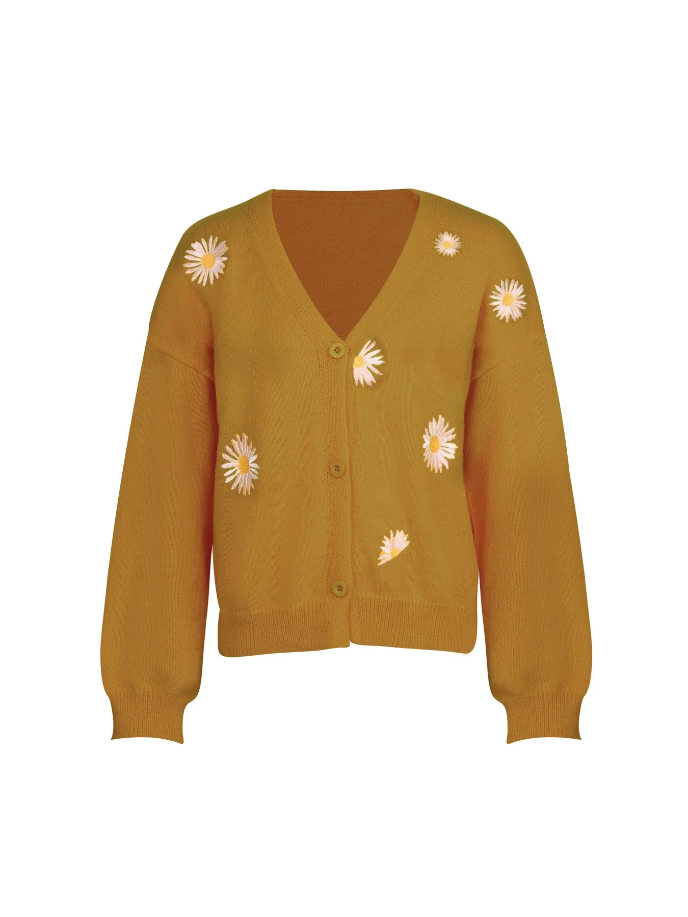 Women's Mustard Yellow Daisy Embroidered V-Neck Knit Cardigan Casual Oversized Long Sleeve Outerwear 4