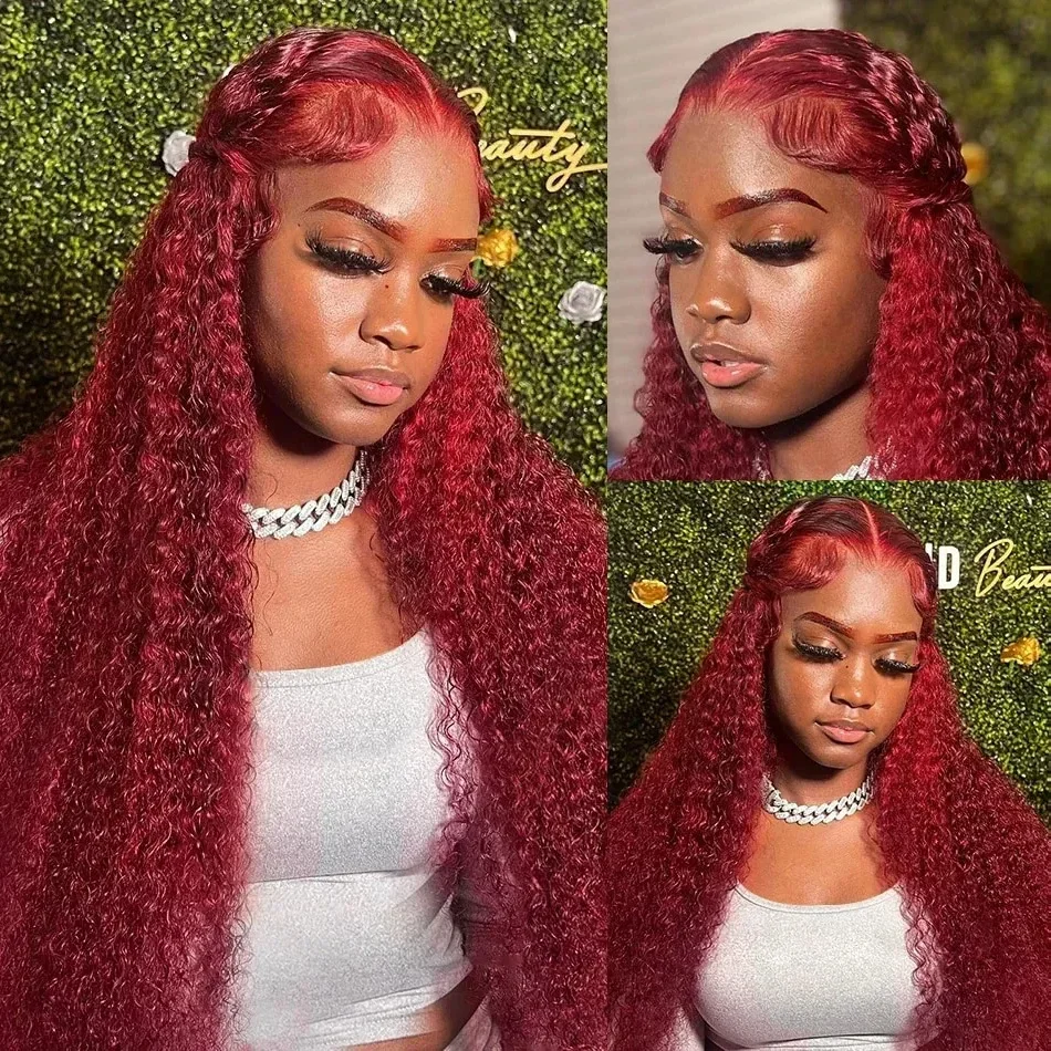 13x4 HD Transparent Deep Wave Lace Frontal Wig Colored Red Burgundy Front Wig Brazilian Red 99J Curly Lace Front Human Hair Wig