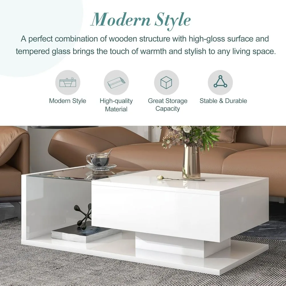 Coffee Table with Tempered Glass, Wooden Cocktail Tables with High-Gloss UV Surface, Modernist 2-Tier Rectangle Center Table 4