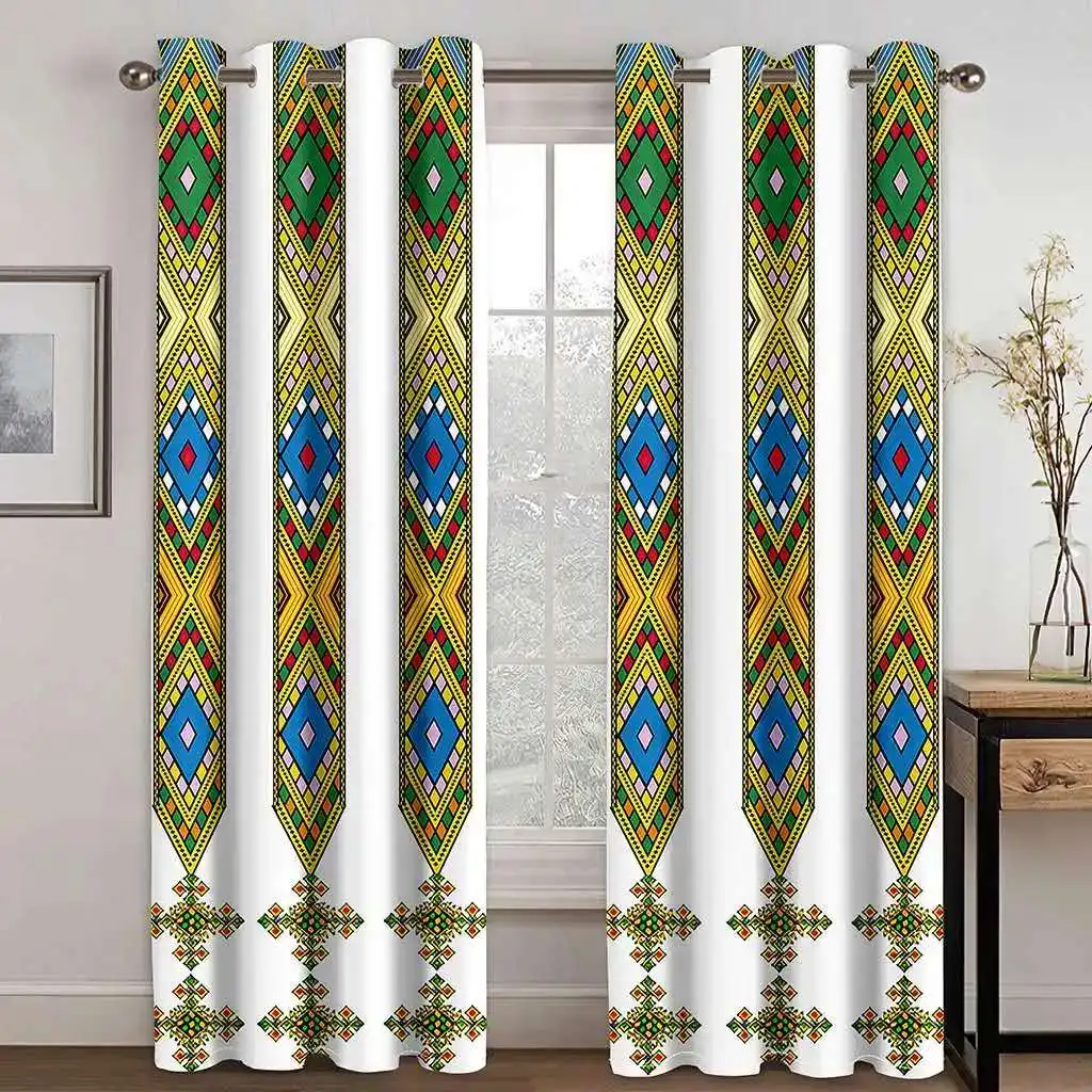 

Luxury Gray Ethiopian Eritrean Traditional Boho Saba Window Curtains 2Pcs Thin Drapes for Living Room Bedroom Window Decor