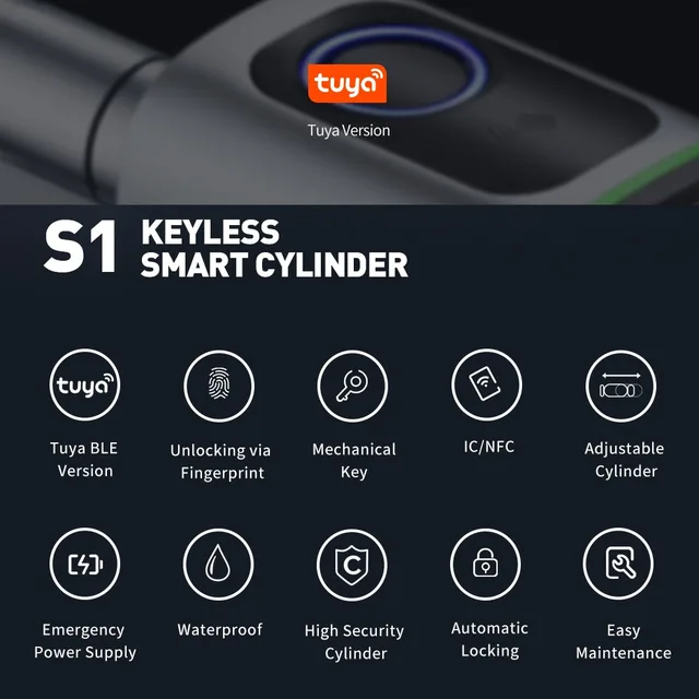 Tuya BT Smart Fingerprint Lock Cylinder Electronic Lock Keyless Entry Door Lock Fingerprint/APP/KeyCard Safety Unlock Door Lock 2