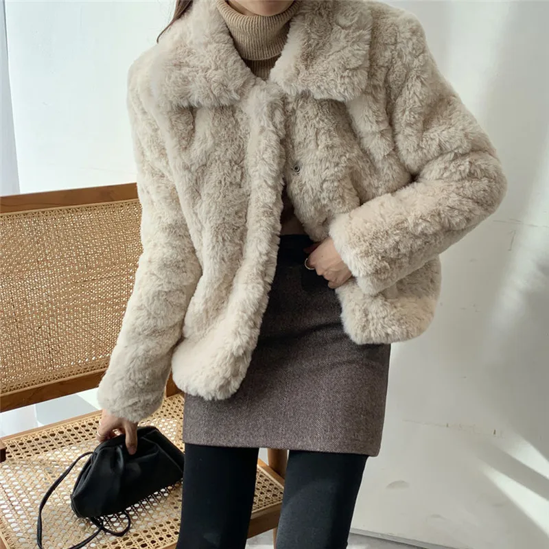 Berber Fleece Faux Fur Coat for Girls Long Sleeves Single Breast Side Pockets Turn Down Collar Winter Warm Coat