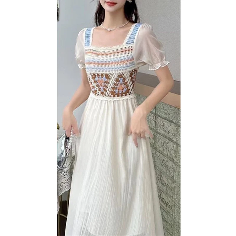 

Summer Sweet Crochet Lace Dress for Women Square Neck Short Sleeve Two Layers Vacation Midi Dress Beach Vestidos AM7014