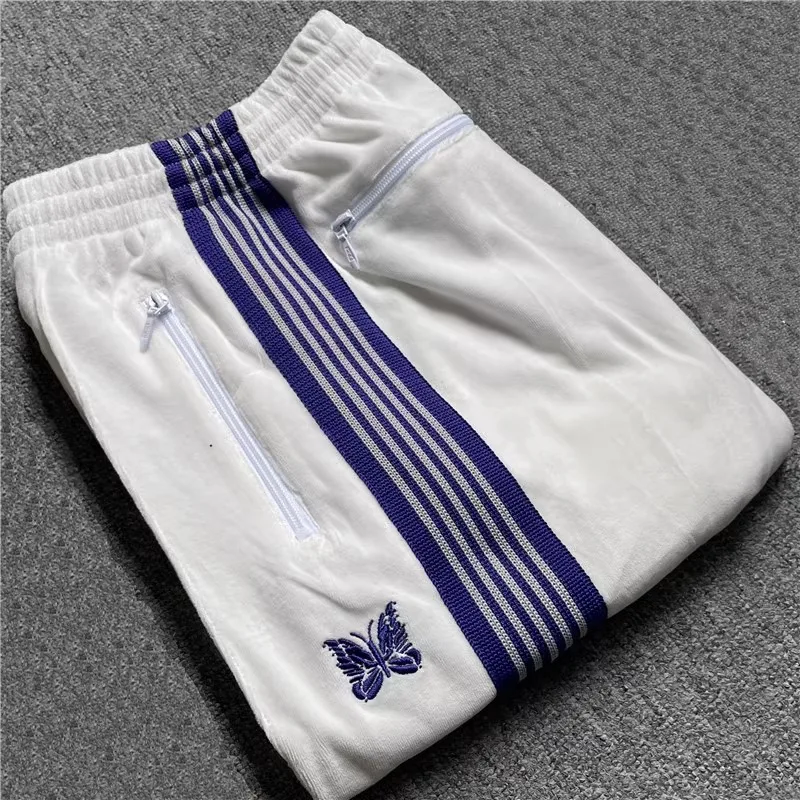 Butterfly embroidery velvet track sweatpants men women oversized striped pants casual sports pants