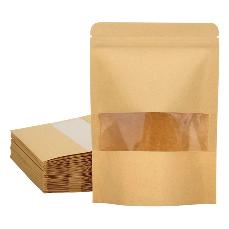 

100 Pcs Premium Kraft Stand Up Pouch Bags With Clear Window Heat Sealable Perfect For Food Or Non Food Storage